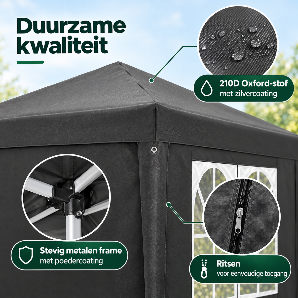 PIM Shopify visual 5/6 · Opvouwbare partytent 2x2 m – 4 afneembare zijwanden – 3 hoogtestanden – Detail & materiaal