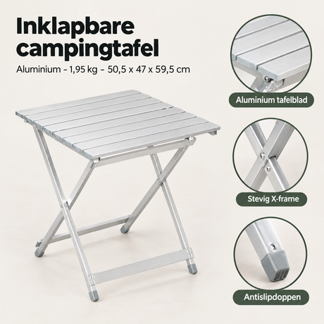 Inklapbare campingtafel van BukkitBow, lichte aluminium tafel met afmetingen 50,5 x 47 x 59,5 cm, makkelijk op te bergen