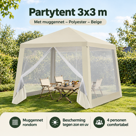 PIM Shopify visual 6/6 · Partytent 3x3 m – Met muggennet – Polyester – Beige – Keuzehulp / praktisch voordeel