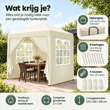 PIM Shopify visual 6/6 · Opvouwbare partytent 2x2 m – 4 afneembare zijwanden – 3 hoogtestanden – Keuzehulp / praktisch voordeel