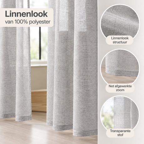 Set van 2 linnenlook vitrage gordijnen van BukkitBow, 140 x 175 cm, met een zachte, doorschijnende textuur.