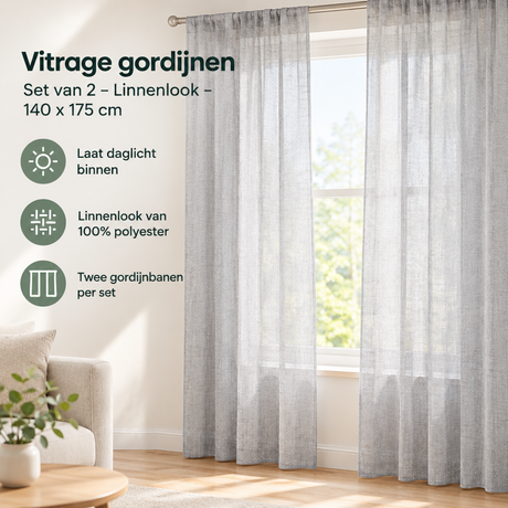 Set van 2 linnenlook vitrage gordijnen van BukkitBow, 140 x 175 cm, voor lichte privacy en een elegante uitstraling.