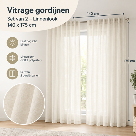Set van 2 vitrage gordijnen in linnenlook van BukkitBow, 140x175 cm, geschikt voor lichte privacy en decoratie in de woonkamer