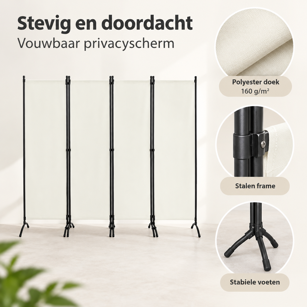 Detail van materiaal en afwerking van vouwbaar privacyscherm