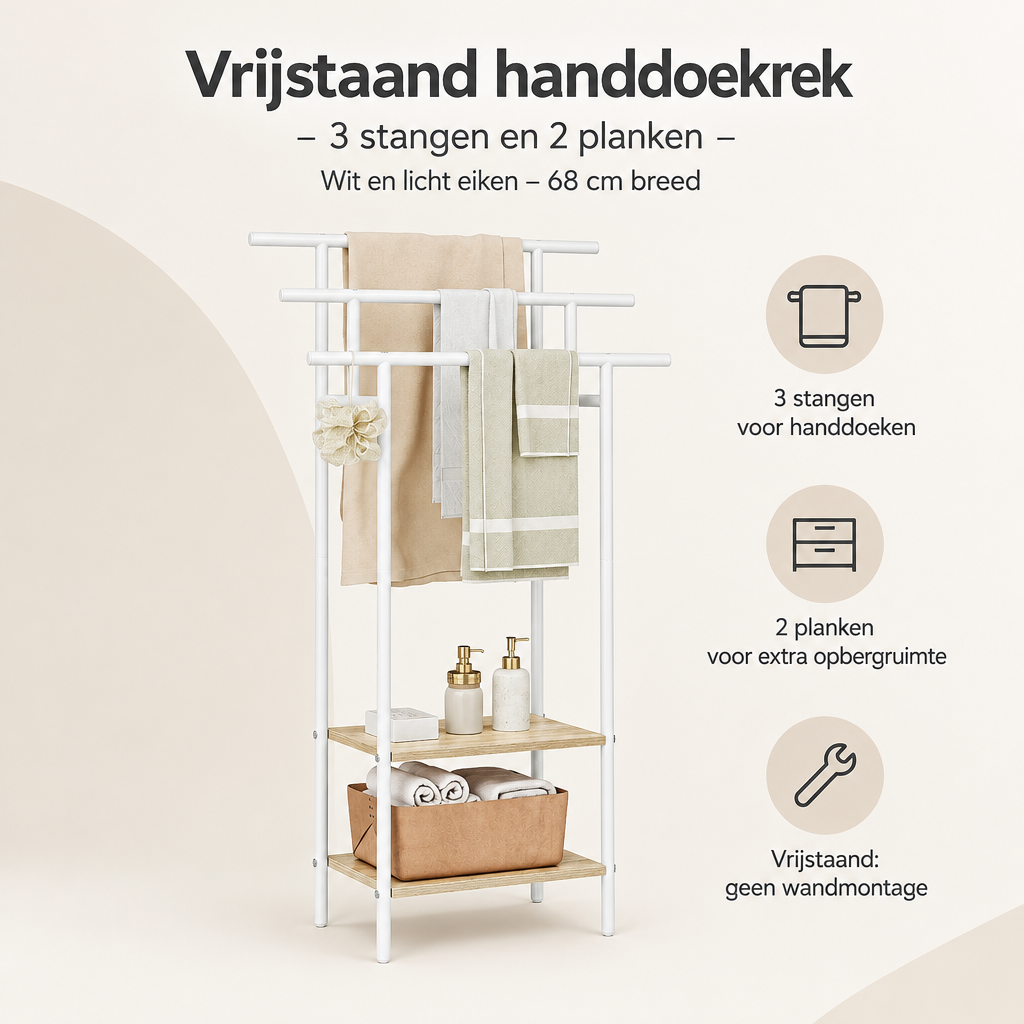 Overzicht van vrijstaand handdoekrek met de belangrijkste productvoordelen