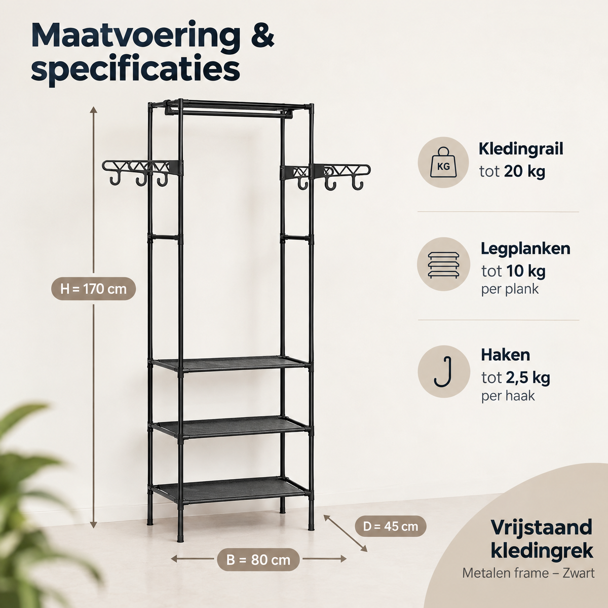 Afmetingen en productspecificaties van vrijstaand kledingrek