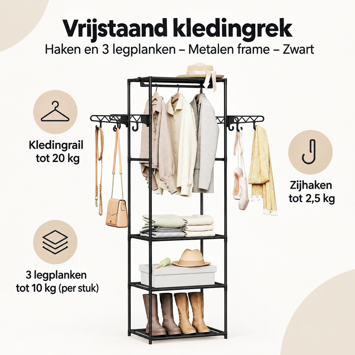 Overzicht van vrijstaand kledingrek met de belangrijkste productvoordelen
