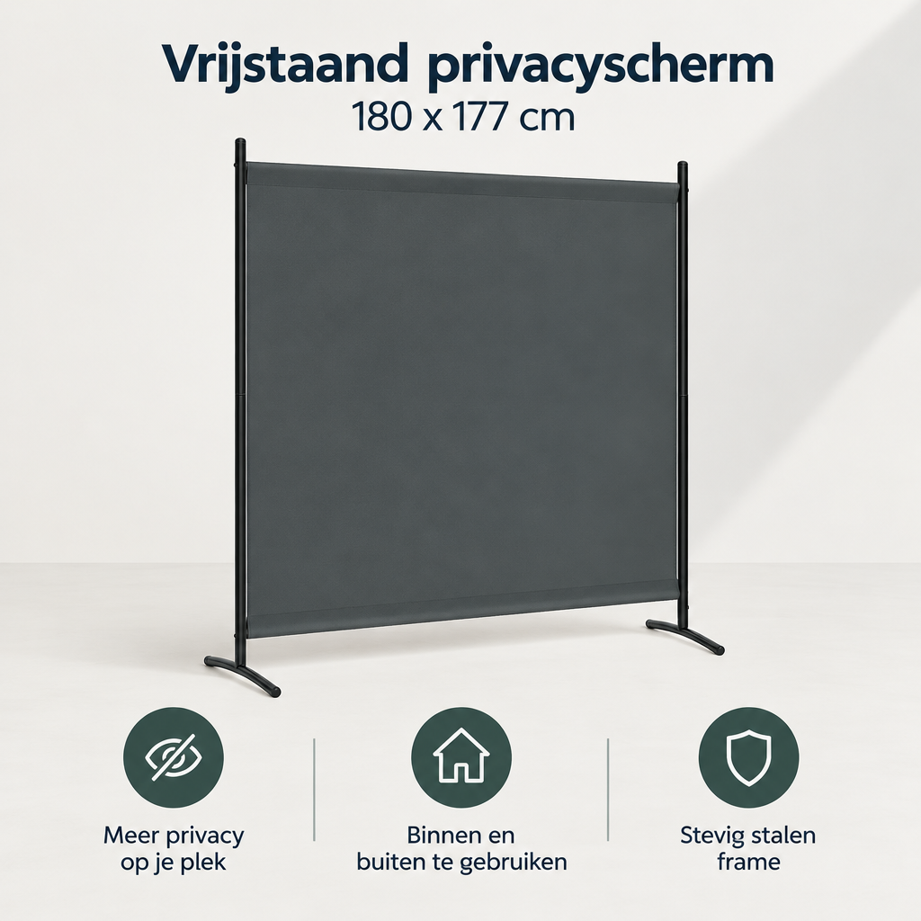 Overzicht van vrijstaand privacyscherm met de belangrijkste productvoordelen