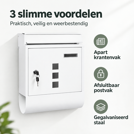 Gegalvaniseerde wandbrievenbus van BukkitBow met slot en krantenvak, in wit of zwart, geschikt voor gevelmontage.