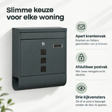 Gegalvaniseerde antraciet wandbrievenbus van BukkitBow met krantenvak en slot, ontworpen voor veilige postaflevering.