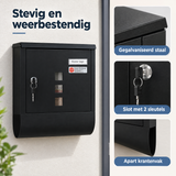 Gegalvaniseerde wandbrievenbus van BukkitBow met slot, krantenvak en keuze uit wit of zwart, detail van staalmateriaal.
