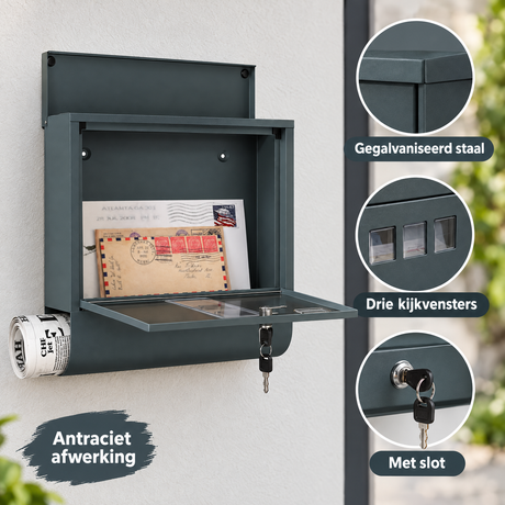 Gegalvaniseerde antraciete wandbrievenbus van BukkitBow met krantenvak en slot, zichtbaar detail van het staal.