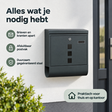 Gegalvaniseerde antracietkleurige wandbrievenbus van BukkitBow met krantenvak en slot, geschikt voor buitengebruik.