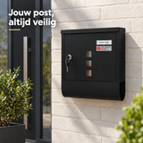 Gegalvaniseerde wandbrievenbus van BukkitBow met slot en krantenvak, wit of zwart, geschikt voor buitengebruik.