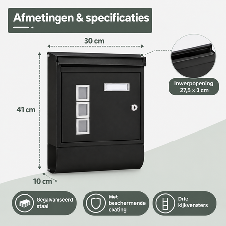 Gegalvaniseerde wandbrievenbus van BukkitBow met slot en krantenvak, in wit of zwart, voor veilige postbezorging.