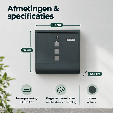 Gegalvaniseerde antraciete wandbrievenbus van BukkitBow met krantenvak en slot, weergegeven met afmetingen en specificaties.