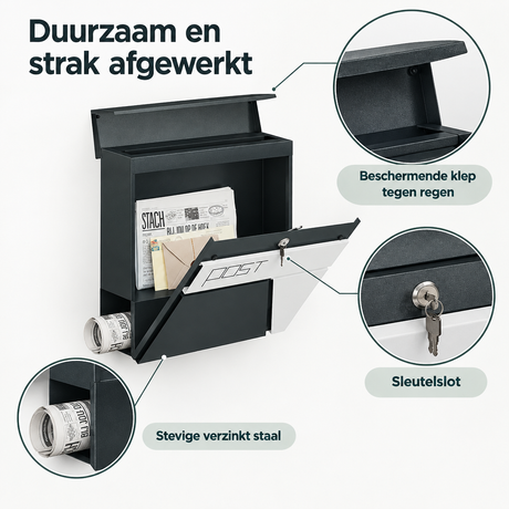 Detail van materiaal en afwerking van wandbrievenbus met krantenhouder