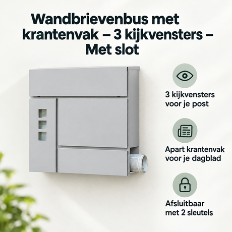 Wandbrievenbus van BukkitBow met krantenvak, drie kijkvensters en slot voor veilige postbewerking.