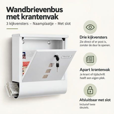 BukkitBow wandbrievenbus met krantenvak, drie kijkvensters, naamplaatje en slot voor veilige postbezorging.