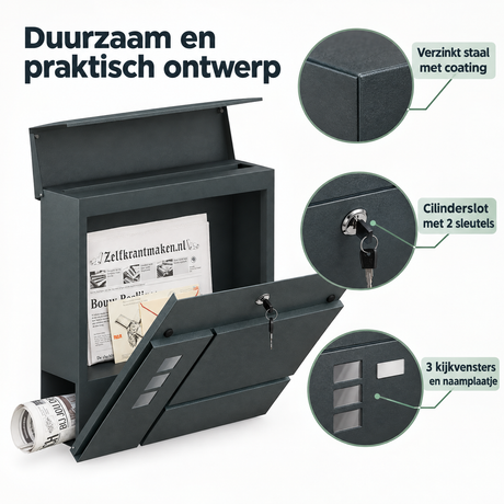 Antracietkleurige BukkitBow wandbrievenbus met krantenvak en afsluitbaar deurtje, inclusief naamplaatje voor huisvesting.