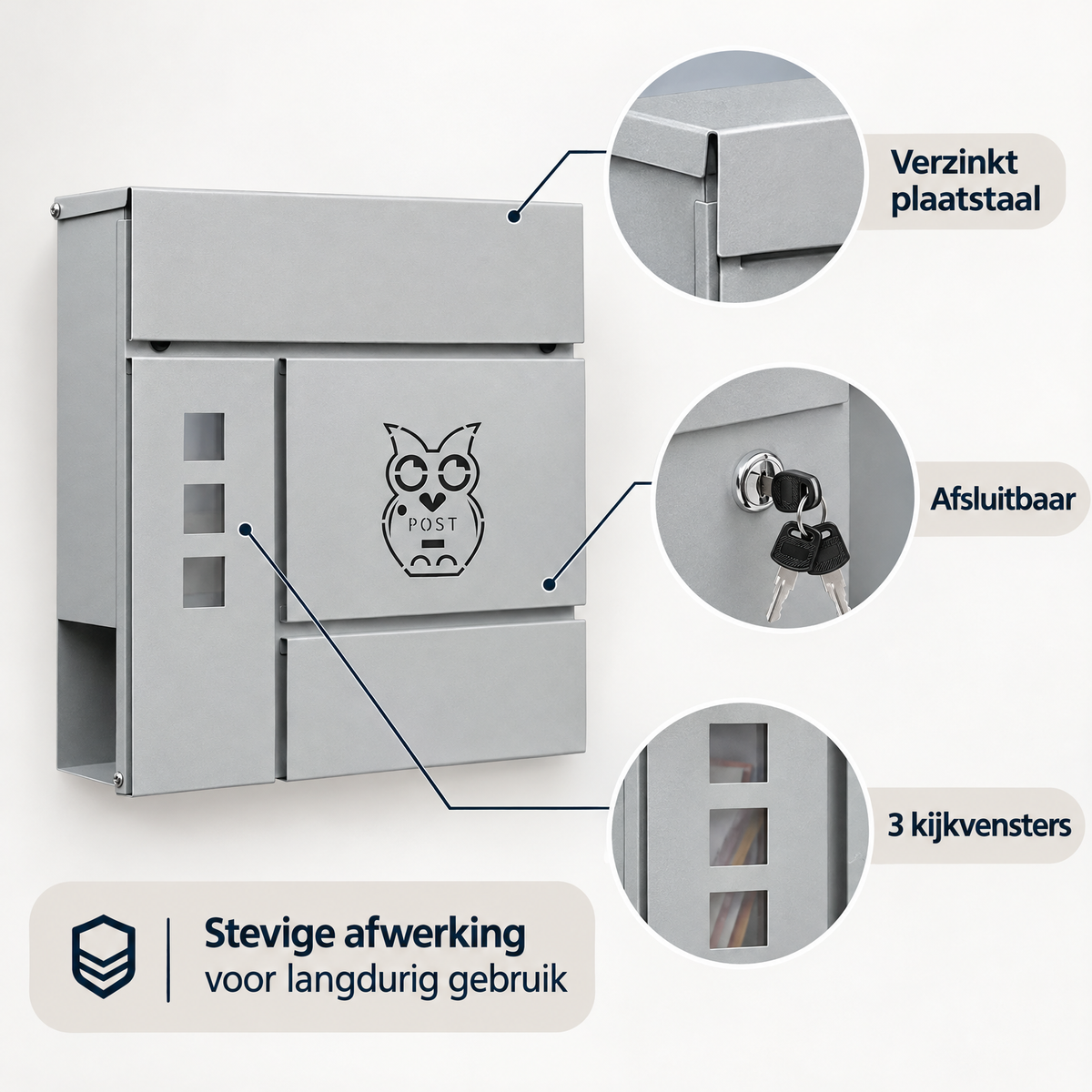 Wandbrievenbus met krantenvak en 3 kijkvensters, afsluitbaar, Uilmotief design, van BukkitBow, voor post en kranten.