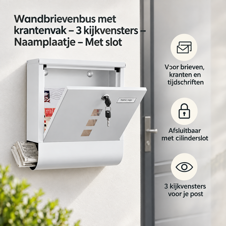 BukkitBow wandbrievenbus met krantenvak, 3 kijkvensters en slot, geschikt voor buitengebruik, met naamplaatje.