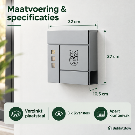 Uilmotief wandbrievenbus met krantenvak en 3 kijkvensters, afsluitbaar, van BukkitBow, geschikt voor muurmontage.