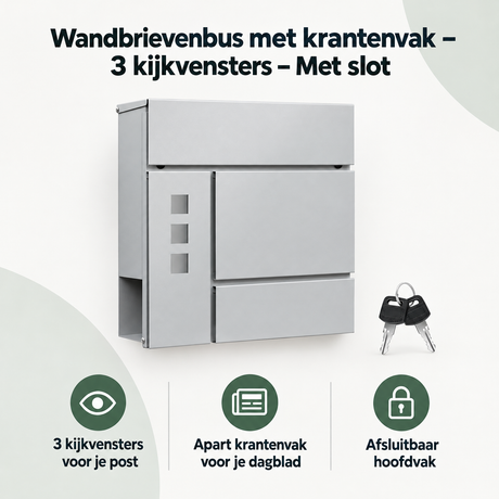 Wandbrievenbus van BukkitBow met krantenvak, drie kijkvensters en slot, geschikt voor buitengebruik en veilige postafgifte.