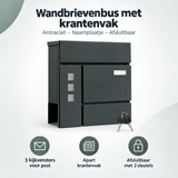 Antracietkleurige BukkitBow wandbrievenbus met krantenvak, naamplaatje en afsluitbaar, geschikt voor buitengebruik.