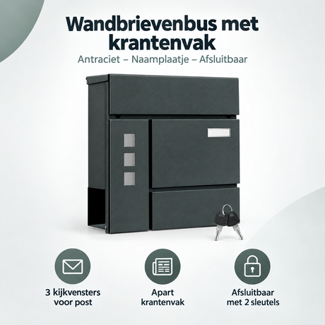Antracietkleurige BukkitBow wandbrievenbus met krantenvak, naamplaatje en afsluitbaar, geschikt voor buitengebruik.