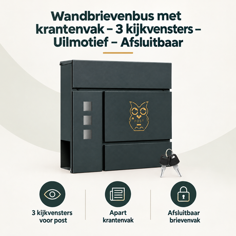 Wandbrievenbus met krantenvak en 3 kijkvensters, Uilmotief, afsluitbaar, van BukkitBow, voor veilige en praktische postafhandeling.