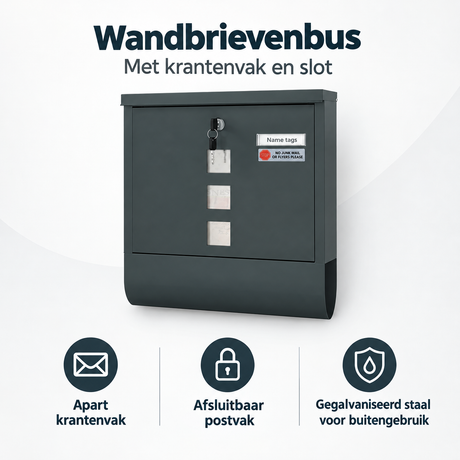 Gegalvaniseerde antracietkleurige wandbrievenbus van BukkitBow met krantenvak en slot, geschikt voor buitengebruik.