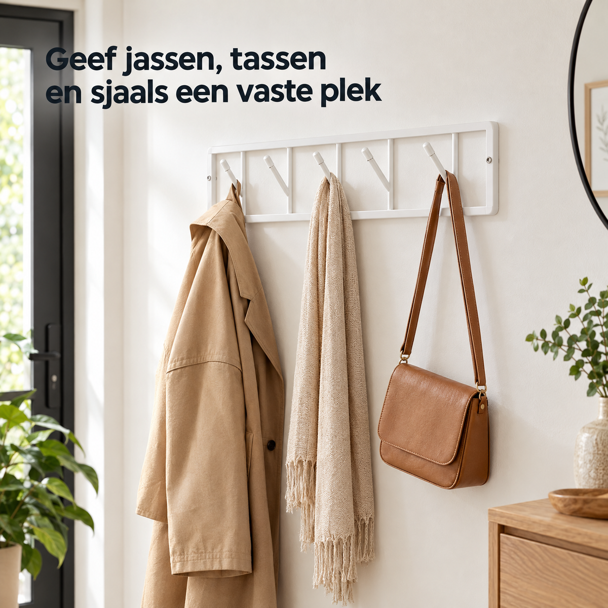 Zwarte wandkapstok van BukkitBow met draaibare metalen haken, 60 cm breed voor in de gang of hal.