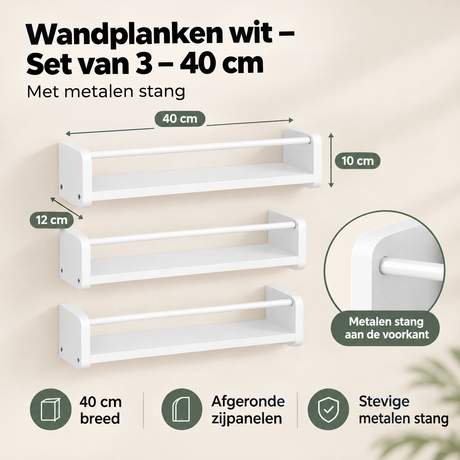 Afmetingen en productspecificaties van wandplanken wit