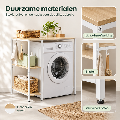 BukkitBow wasmachinerek met licht eiken en witte afwerking, 2 zijplanken en 2 haken, afmetingen 90x60x91 cm