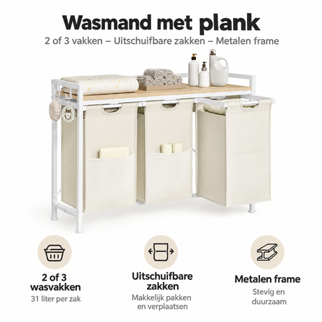 BukkitBow wasmand met plank, 2 of 3 vakken en uitschuifbare zakken, metalen frame voor makkelijk wassen en organiseren