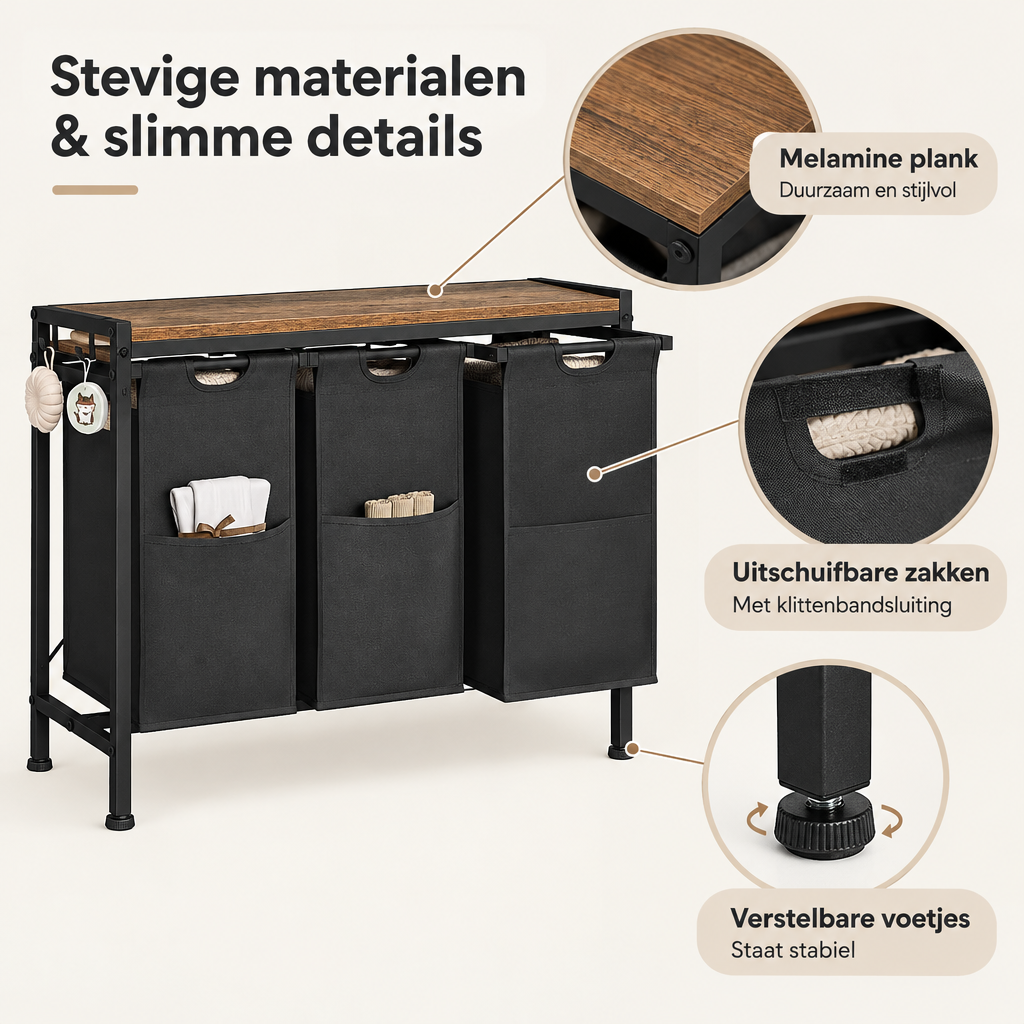 Detail van materiaal en afwerking van wasmand met plank