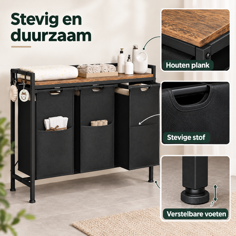 BukkitBow wasmand met plank, 2 of 3 vakken, uitschuifbare zakken en metalen frame voor wasgoedopslag.
