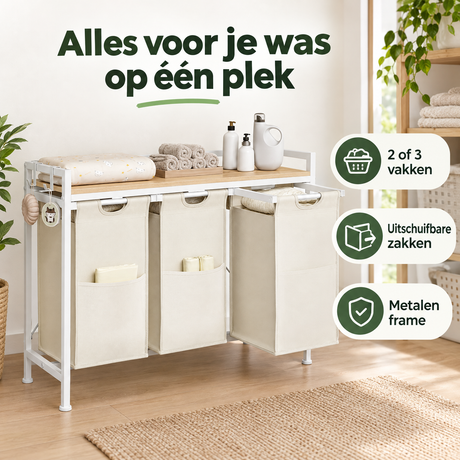 BukkitBow wasmand met plank, 2 of 3 vakken, uitschuifbare zakken en metalen frame voor praktische wasorganisatie.