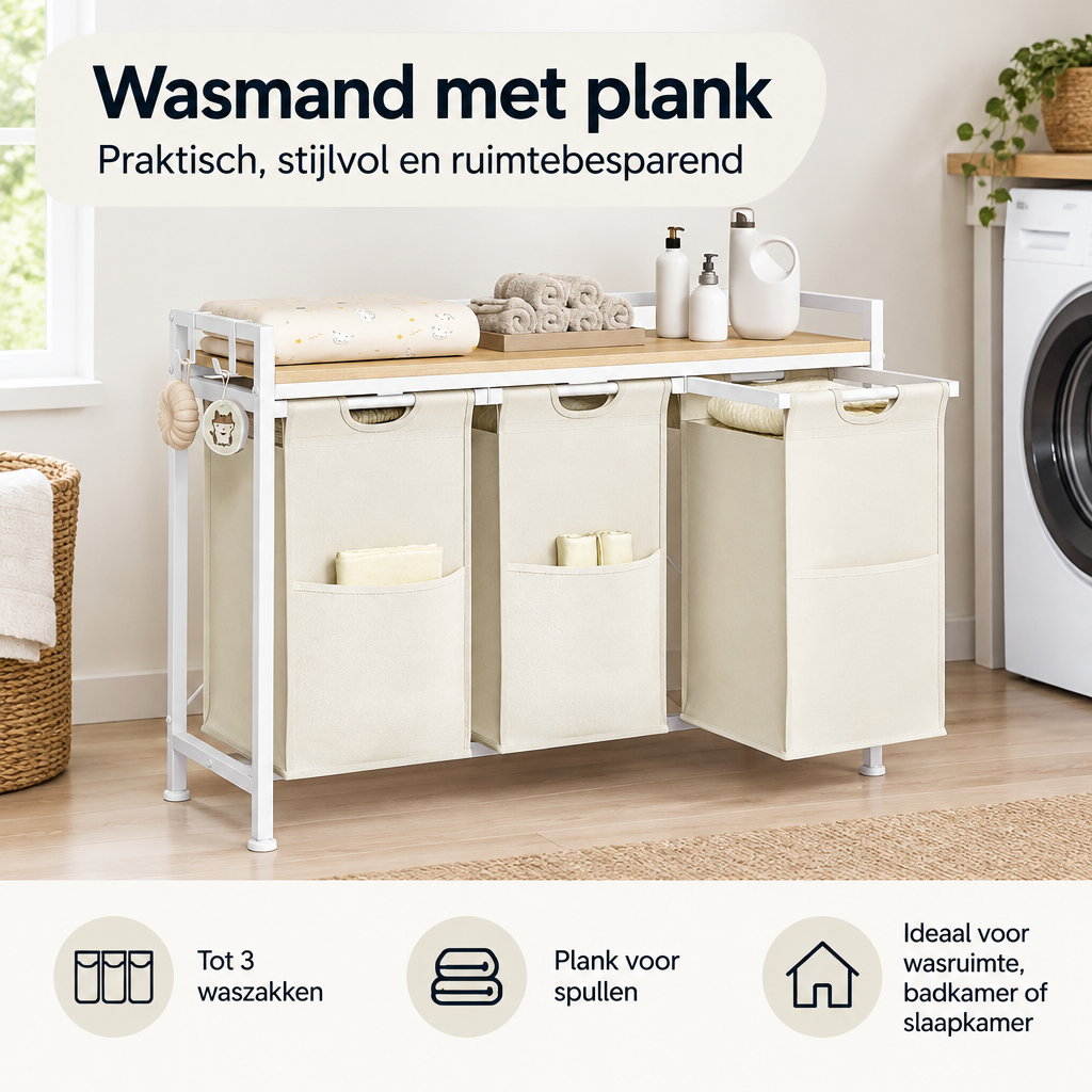 Praktische toepassing en keuzehulp voor wasmand met plank