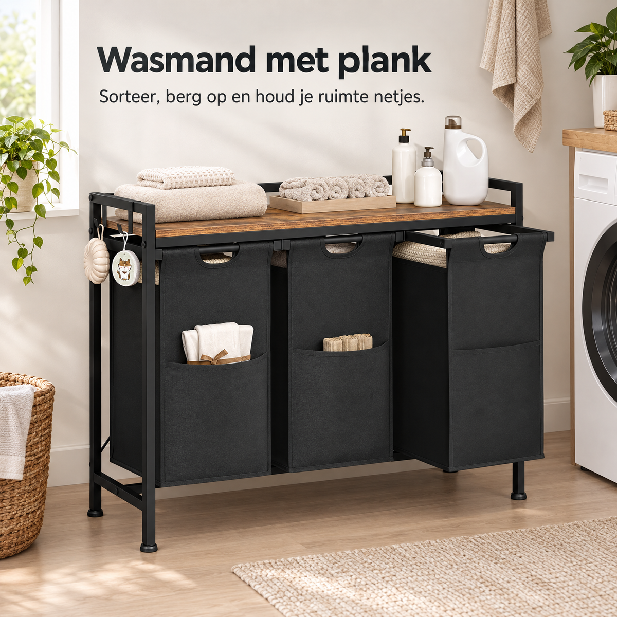 BukkitBow wasmand met plank, 2 van 3 vakken, uitschuifbare zakken en metalen frame voor gemakkelijke wasgoedorganisatie
