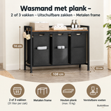BukkitBow wasmand met plank, 2 van 3 vakken, uitschuifbare zakken en metalen frame voor wasgoedorganisatie.