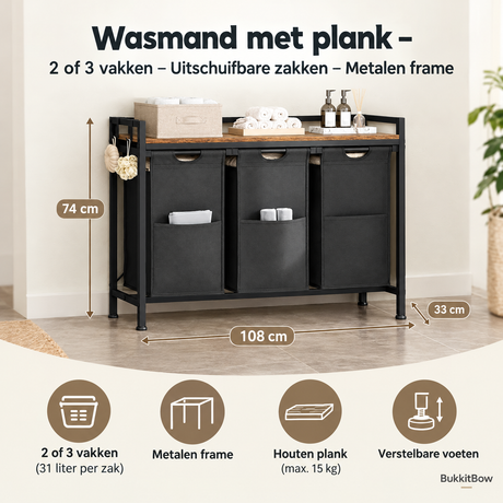 BukkitBow wasmand met plank, 2 van 3 vakken, uitschuifbare zakken en metalen frame voor wasgoedorganisatie.