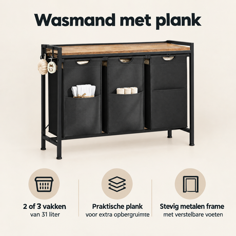 BukkitBow wasmand met plank, 2 van 3 vakken, uitschuifbare zakken en metalen frame voor eenvoudige wasorganisatie