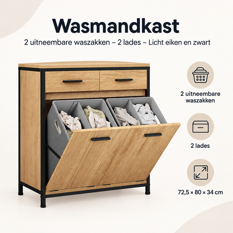Licht eiken en zwart wasmandkast van BukkitBow met twee uitneembare waszakken en twee lades, overzicht van kernvoordelen.