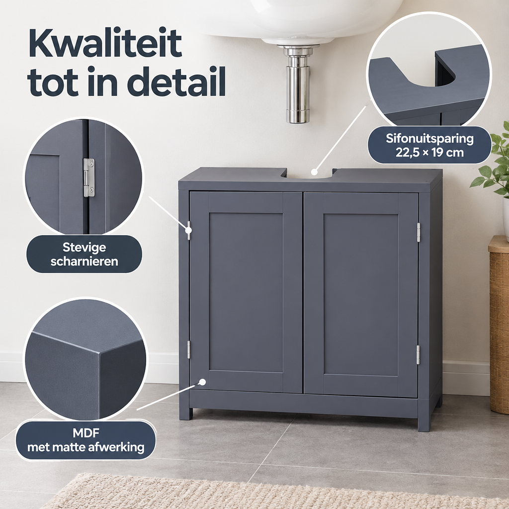 Detail van materiaal en afwerking van wastafelonderkast 60 cm