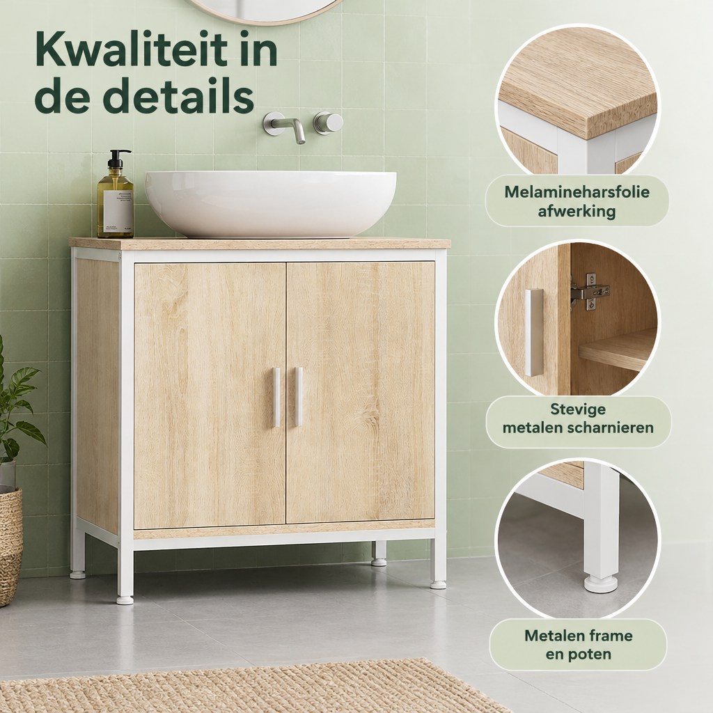 Detail van materiaal en afwerking van wastafelonderkast 60 cm