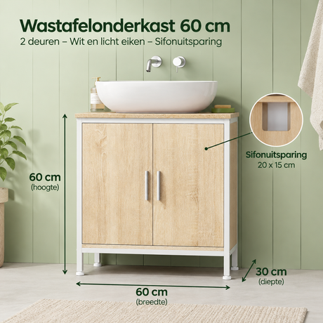 Wastafelonderkast 60 cm van BukkitBow met twee deuren in wit en licht eiken, inclusief sifonuitsparing voor badkamer.