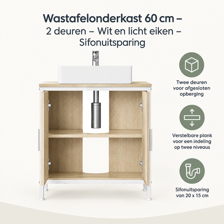 Wastafelonderkast 60 cm van BukkitBow met 2 witte deuren en licht eiken details, inclusief sifonuitsparing voor badkamergebruik