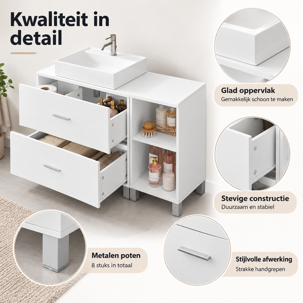 Detail van materiaal en afwerking van wastafelonderkast 90 cm